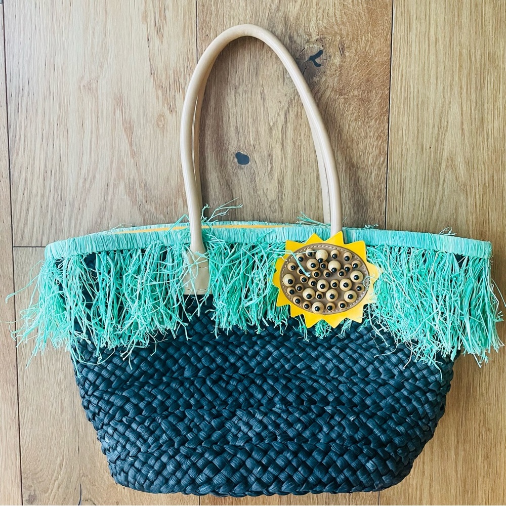 Michael Simon Straw Tote Bag Green Grass Fringe